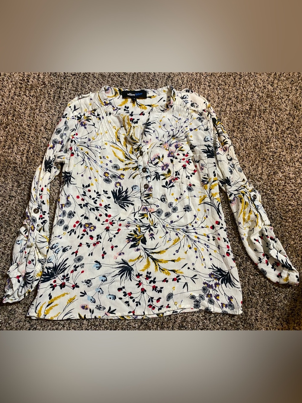 Alice Blue White with Floral Print Button-Front Henley Blouse